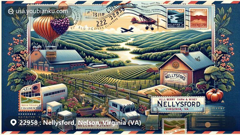 Modern illustration of Nellysford, Virginia, showcasing key attractions and picturesque beauty of Nelson County, including Hill Top Berry Farm & Winery and Rockfish Valley Foundation.