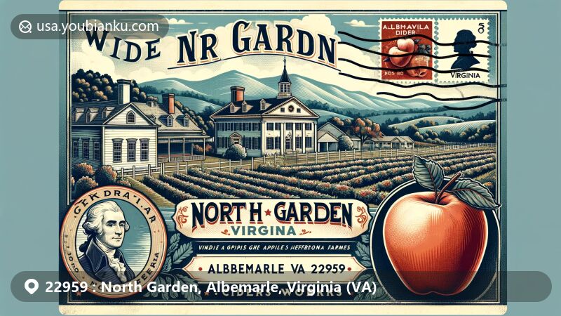 Vintage-style postcard design for North Garden, Virginia, ZIP code 22959, featuring Blue Ridge Mountains backdrop, historic Edgemont Farm, Albemarle CiderWorks, and Vintage Virginia Apples.