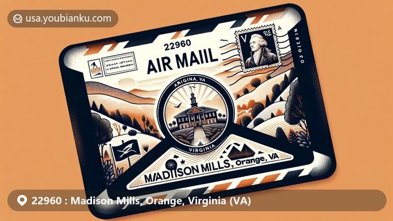 Modern illustration of Madison Mills, Orange County, Virginia, showcasing airmail theme with ZIP code 22960, featuring James Madison Museum and Virginia state symbols.