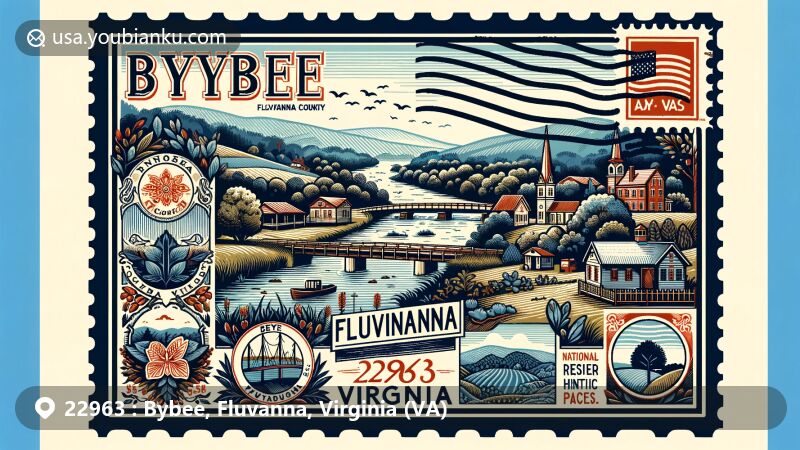 Modern illustration of Bybee, Fluvanna County, Virginia, showcasing postal theme with ZIP code 22963, featuring Pleasant Grove and the Rivanna River, reflecting Virginia's rich history and nature.