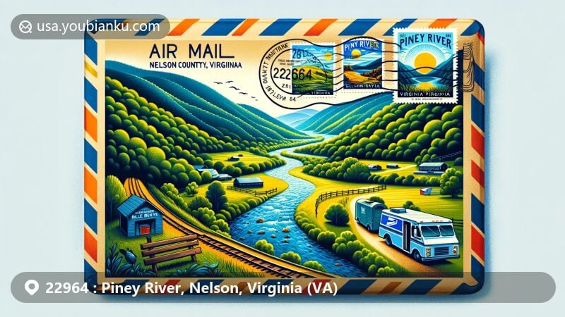 Modern illustration of Piney River, Nelson County, Virginia, portraying airmail envelope design, showcasing scenic beauty with lush hills and serene river.