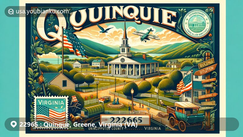 Vintage-style illustration of Quinque, Virginia, showcasing the ZIP code 22965 area with signs pointing towards Ruckersville and Route 33 Spotswood Trail, featuring Virginia's historical roots including Jamestown Settlement and Edgar Allan Poe Museum.