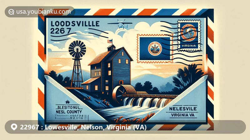 Modern illustration of Lowesville, Nelson County, Virginia, capturing the essence of ZIP code 22967 with Woodson's Mill, Nelson County silhouette, and Virginia state flag, incorporating postal elements for a travel-inspired design.