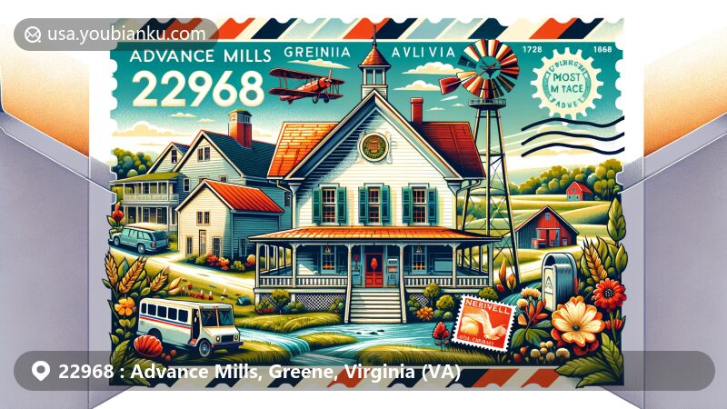 Wide illustration of ZIP code 22968 in Advance Mills, Greene County, Virginia, featuring historical architecture, natural countryside beauty, and modern community vibrancy of Ruckersville, with postal theme elements like air mail envelope, stamps, and mailbox with '22968' postmark.