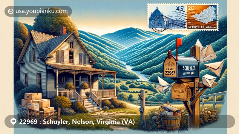 Modern illustration of Schuyler, Virginia, blending natural beauty of the Blue Ridge Mountains with postal elements, featuring a home inspired by 'The Waltons' series, an old-fashioned mailbox with '22969' and 'Schuyler, VA' letters, and a stamp of Schuyler Historic District outline.