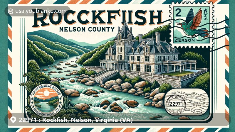 Modern illustration of Rockfish, Nelson County, Virginia, showcasing postal theme with ZIP code 22971, featuring Rockfish River, Swannanoa mansion, Blue Ridge Mountains, and vintage postal elements.