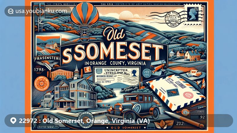 Modern illustration of Old Somerset, Orange County, Virginia, featuring postal theme with ZIP code 22972, showcasing Frascati and Tetley landmarks, and Virginia's lush landscapes.