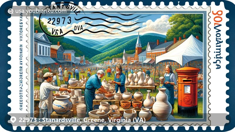 Modern illustration of Stanardsville, Virginia, featuring lively scene from Virginia Clay Festival, showcasing pottery displays and community spirit, with Blue Ridge Mountains in the background, designed as postal stamp with 'Stanardsville, VA 22973' postal mark and red mailbox.