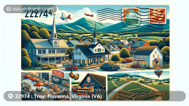 Modern illustration of Troy, Fluvanna, Virginia, showcasing postal theme with ZIP code 22974, featuring historic downtown, cafes, shops, and outdoor activities, against a backdrop of Blue Ridge Mountains and rural landscapes.
