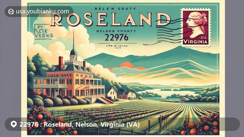 Modern illustration of Pharsalia plantation in Roseland, Nelson County, Virginia, featuring a vintage postcard style with a post stamp 'Roseland, VA 22976' and postal mark 'Nelson County', set against the backdrop of DePriest Mountain and vineyards.