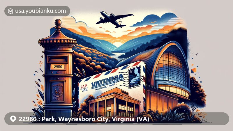 Modern illustration of Park in Waynesboro City, Virginia, featuring Shenandoah National Park, Wayne Theatre, airmail envelope with ZIP code 22980, Virginia state outline, stamps, postmark, and traditional mailbox.