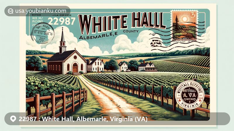 Modern illustration of White Hall, Albemarle County, Virginia, highlighting White Hall Vineyards with vineyards under a bright sky, vintage postcard design featuring Old Stone Church, postal elements, and ZIP code 22987.