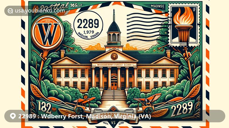 Modern illustration of Woodberry Forest in Madison County, Virginia, featuring postal theme with ZIP code 22989, highlighting Woodberry Forest School, its athletic heritage, and school mascot, the Tiger.