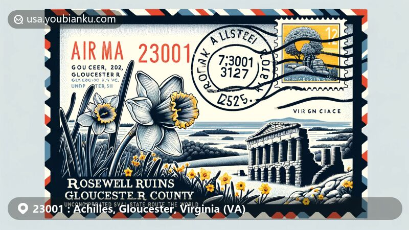 Modern illustration of airmail envelope for ZIP Code 23001 in Achilles, Gloucester County, Virginia, featuring Rosewell ruins and daffodils, symbolizing historical significance and 'Daffodil Capital of the World'.