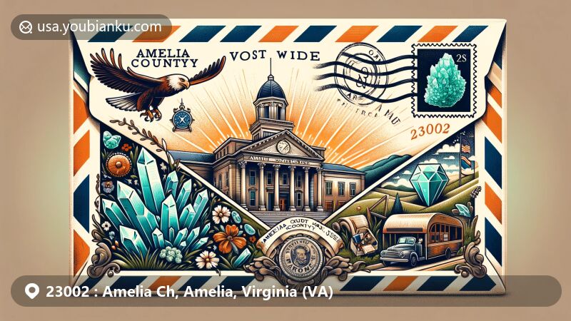 Modern illustration of Amelia Court House, Amelia County, Virginia, depicting postal theme with vintage air mail envelope, county outline, historic courthouse emblem, amazonite crystals, and Amelia Day Festival scene.