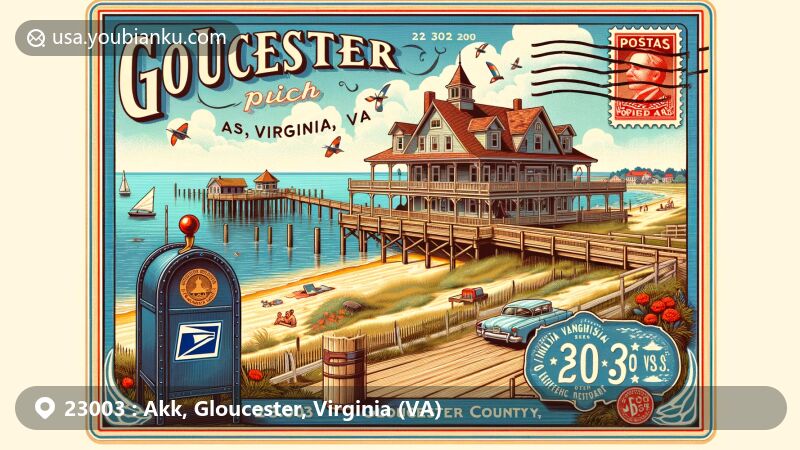 Modern illustration of Akk, Gloucester County, Virginia, depicting ZIP code 23003, featuring Gloucester Point Beach Park with its wide beach and historic Edge Hill House. The design includes vintage postcard elements and a postal theme with vibrant colors.