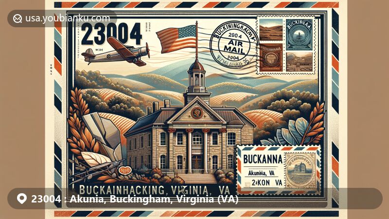 Vintage-style air mail envelope showcasing Buckingham Courthouse in Akunia, Buckingham County, Virginia, highlighting historical significance and natural beauty.