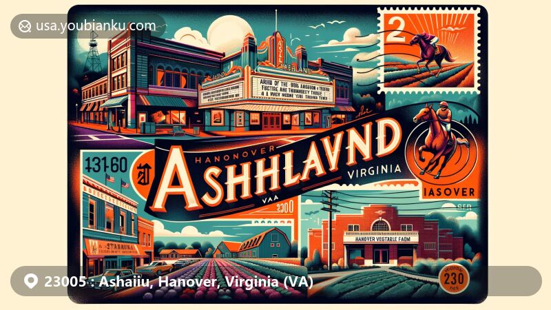Modern illustration of Ashland, Hanover County, Virginia, capturing the essence of ZIP code 23005, featuring Ashland Theatre, Ashland Museum, Meadow Event Park, Hanover Vegetable Farm, and postal elements like stamp and postmark.