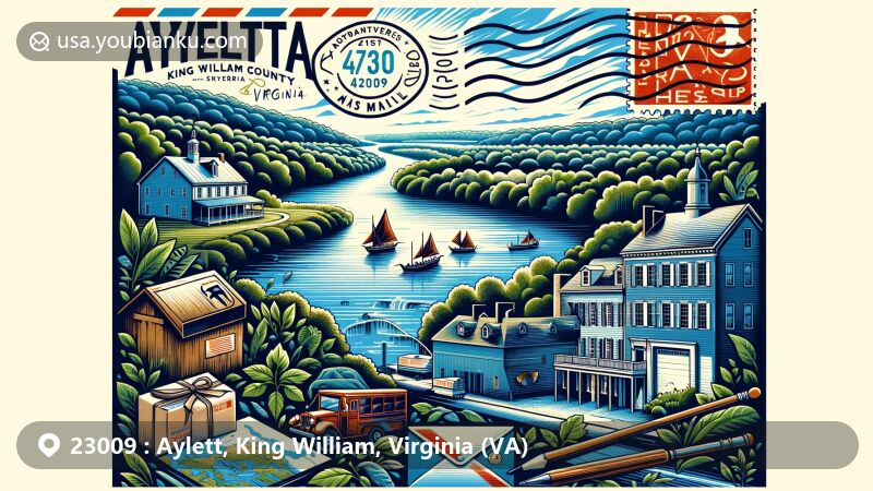 Modern illustration of Aylett area in King William County, Virginia, showcasing postal theme with ZIP code 23009, featuring Mattaponi River, Zoar State Forest, historic Chelsea, and vintage air mail envelope.