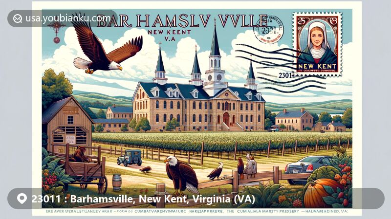 Modern illustration of Barhamsville, New Kent County, Virginia, embodying ZIP code 23011, featuring Poor Clares Monastery, New Kent County Courthouse, Cumberland Marsh Natural Area Preserve wildlife, and New Kent Winery vineyard scene.