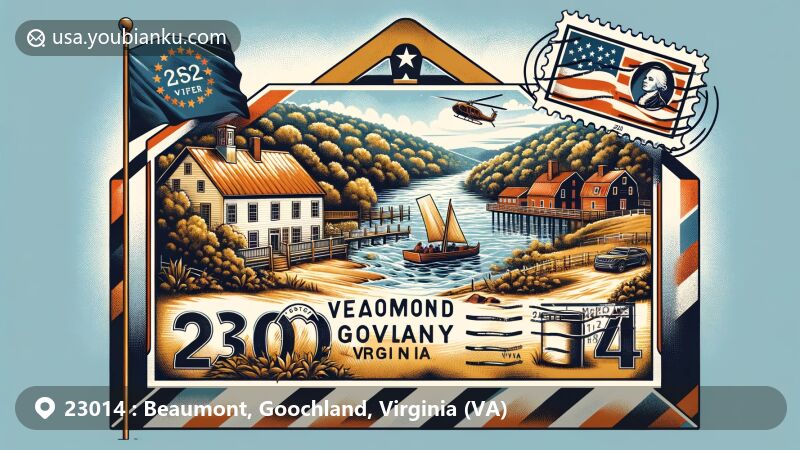Modern illustration of Beaumont, Goochland County, Virginia, showcasing postal theme with ZIP code 23014, featuring James River and historic Atkinsons Ferry site.
