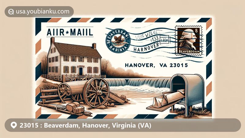 Modern illustration of Beaverdam, Hanover, VA 23015, with airmail envelope featuring Scotchtown, Patrick Henry's historic home, beaver dam symbol, Virginia flag stamp, mailbox, and mail truck.