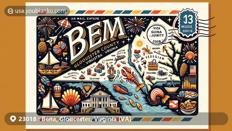 Modern illustration of Bena, Gloucester County, Virginia, showcasing postal theme with elements representing the Guinea Jubilee and Virginia state symbols.