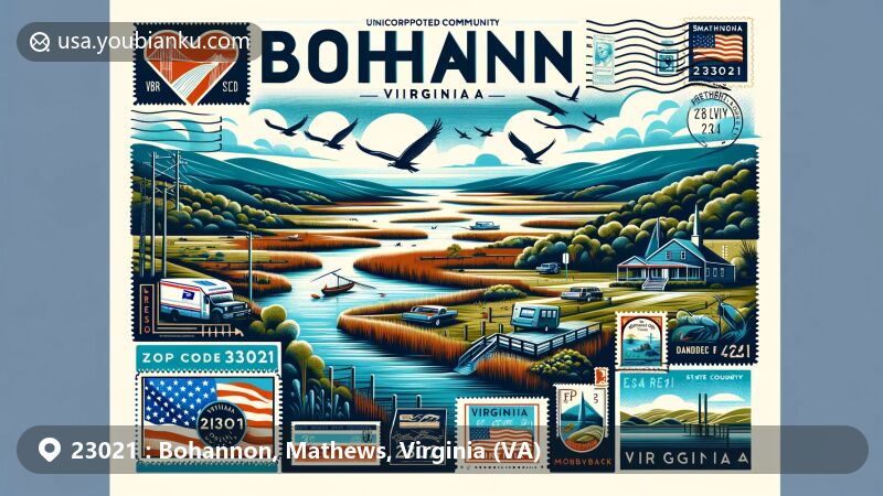 Modern illustration of Bohannon, Mathews County, Virginia, capturing the essence of ZIP code 23021 with a creative design featuring the East River flowing into Mobjack Bay, Virginia state flag, airmail envelope, vintage stamp, and postmark.