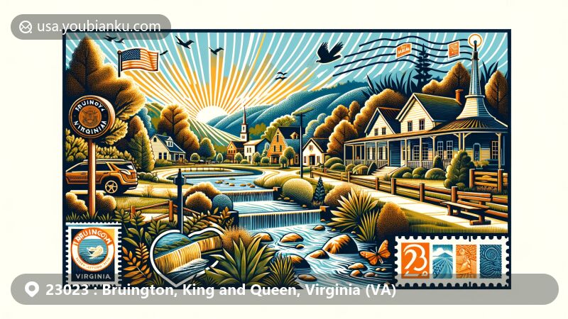 Contemporary illustration of 23023, Bruington, Virginia, in King and Queen County, depicting the close-knit community atmosphere, local parks, and trails for outdoor activities. Includes modern postal theme with ZIP code 23023, featuring stylized postal elements like cards and stamps.