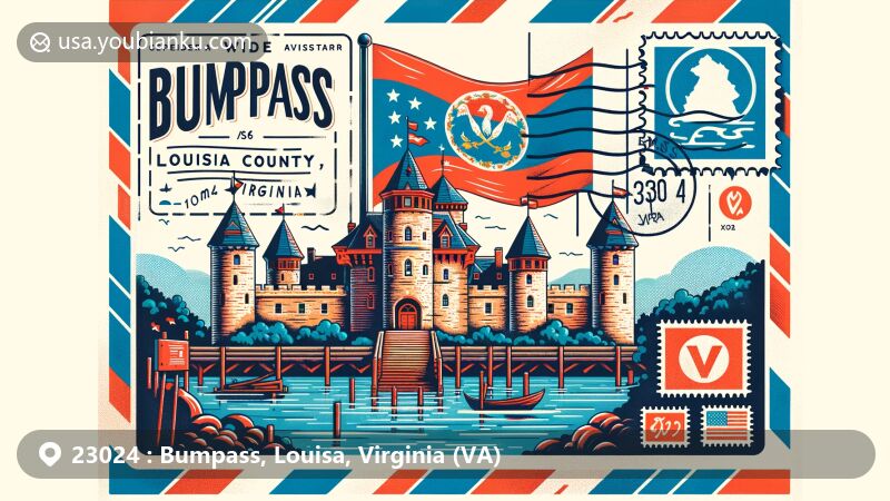 Modern illustration of Bumpass, Louisa County, Virginia, with Jerdone Castle as central landmark, showcasing regional character with Virginia state flag and postal elements, highlighting ZIP code 23024.