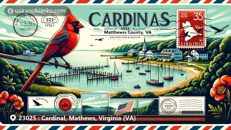Modern illustration of Cardinal, Mathews County, Virginia, showcasing ZIP code 23025 with a creative postcard design highlighting Greenmansion Cove and postal motifs.