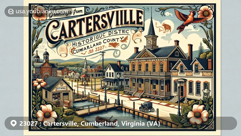 Modern illustration of Cartersville Historic District, Cumberland County, Virginia, showcasing colonial revival and Queen Anne style homes, a post office, and a church against the backdrop of the James River. Features Virginia's state symbols like the dogwood flower and cardinal.