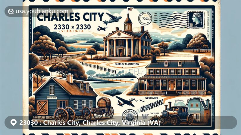 Contemporary illustration of Charles City, Virginia, blending Shirley Plantation and Westover Plantation, representing the area's rich history and cultural heritage with postal elements for ZIP code 23030.