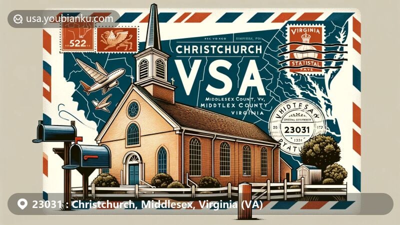 Modern illustration of Christ Church in Christchurch, Middlesex County, Virginia, merging colonial heritage with airmail postal theme and Virginia state symbols, featuring ZIP code 23031 and iconic mailbox design.