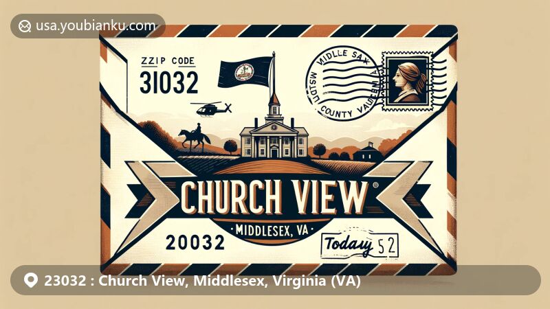 Vintage illustration of Church View, Middlesex, VA, showcasing airmail envelope with ZIP code 23032 and regional culture elements, including Virginia state flag and Middlesex County Museum silhouette.