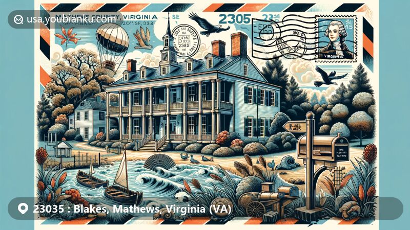 Modern illustration of Blakes, Mathews County, Virginia, featuring Hesse Plantation House in Georgian style, Chesapeake Bay, local wildlife, Mathews County Visitor Center, vintage air mail envelope with ZIP code 23035, mailbox, and Virginia state flag.