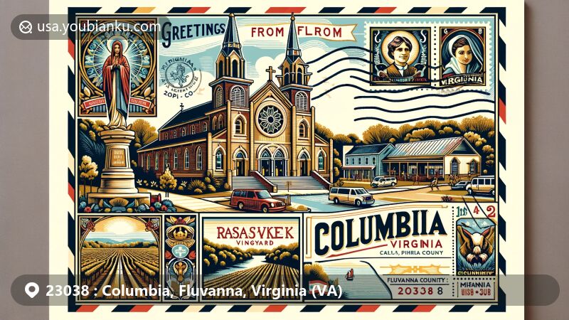 Modern illustration of St. Joseph's Church and Shrine of St. Katharine Drexel in Columbia, Fluvanna County, Virginia, embracing African-American Catholic heritage and local landmarks like Rassawek Vineyard, in a vintage air mail envelope design with Virginia state and county symbols.