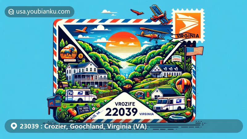 Vibrant illustration of Crozier, Virginia, 23039, in a postal theme, showcasing lush landscapes and outdoor activities, reflecting the peaceful and active lifestyle of the area.