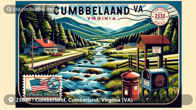 Modern illustration of ZIP code area 23040 in Cumberland, Virginia, highlighting natural beauty and community features, incorporating Appalachian Mountains scenery, vintage postcard format, Virginia state flag stamp, postmark 'Cumberland, VA 23040', and antique mailbox.