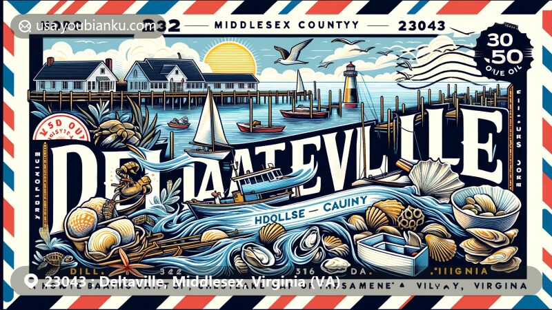 Modern illustration of Deltaville, Middlesex County, Virginia, showcasing maritime heritage with Deltaville Maritime Museum, Holly Point Nature Park, vintage Deltaville Ballpark, and boating culture, styled like a postcard with maritime symbols and local seafood.