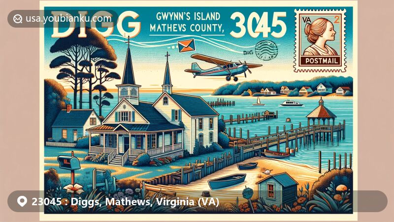 Modern illustration of Diggs, Mathews County, Virginia, showcasing postal theme with ZIP code 23045, featuring Gwynn's Island maritime heritage, historic architecture, and Methodist Tabernacle, creatively integrating airmail envelope, postage stamp with ZIP code, and Diggs postmark.