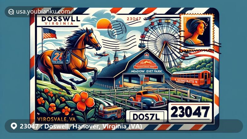 Modern illustration of Doswell, Virginia, in Hanover County area with ZIP code 23047, featuring regional and postal elements including state symbols and key attractions like Kings Dominion and Secretariat Heritage Center.