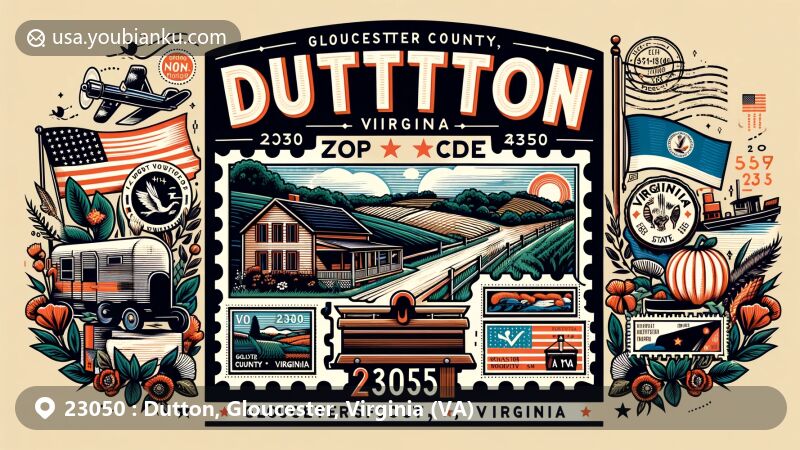 Modern illustration of Dutton, Gloucester County, Virginia, featuring rural landscape and Virginia state symbols, with vintage postal elements like postcard format, mailbox, and stamps.