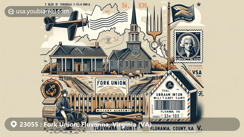 Modern illustration of Fork Union, Fluvanna County, Virginia, showcasing local heritage and landmarks like the Fork Union Military Academy and Abraham Seay, a French Huguenot settler, combined with postal elements including vintage air mail envelope, ZIP code 23055 stamp, and Fork Union postmark.