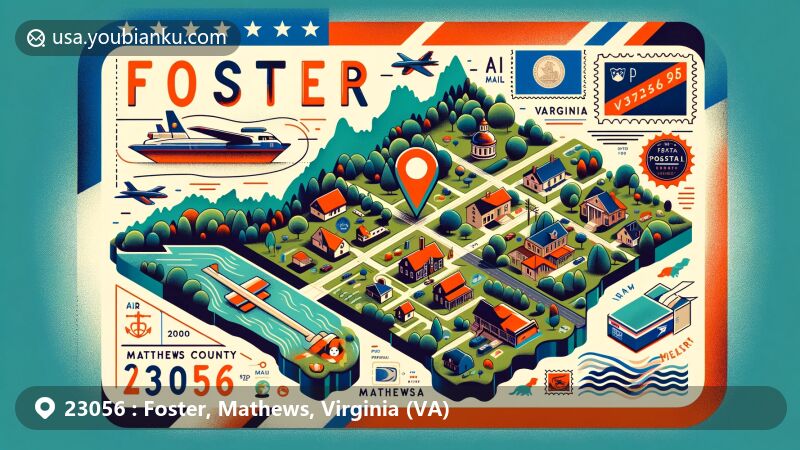 Modern illustration of Foster, Mathews County, Virginia, highlighting postal theme with ZIP code 23056, featuring Virginia state flag and community elements.
