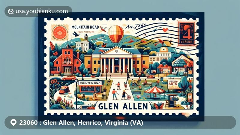 Modern illustration of Glen Allen, Virginia, highlighting ZIP code 23060 and the Cultural Arts Center, integrating historical significance of Mountain Road and vibrant arts scene, featuring postal elements and community's engagement with the arts.