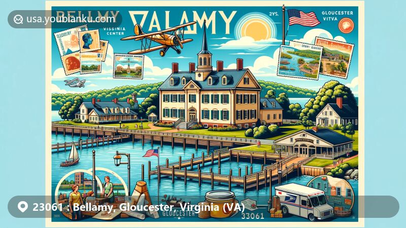Modern illustration of Bellamy, Gloucester, VA showcasing iconic landmarks like Warner Hall with historical significance and waterfront location. Features Virginia state flag, postal symbols such as airmail envelope, stamps, and mail truck. Includes Gloucester Visitor Center representing local information and gifts with postcards and local honey. Depicts natural beauty with waterfront and green landscapes under a bright blue sky. Warner Hall depicted centrally with rich details reflecting architectural beauty and serene river overlook. Incorporates elements symbolizing local culture and history like Werowocomoco exhibit, adding creative touch while maintaining scene balance.
