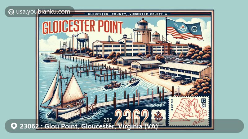 Modern illustration of Gloucester Point, Gloucester County, Virginia, showcasing marine science institute, marina on Sarah’s Creek, Virginia state flag, and vintage postal theme with ZIP code 23062.