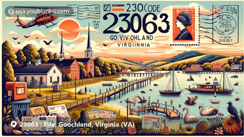 Modern illustration of Fife, Goochland, Virginia, featuring county seat, James River, and local flora/fauna, with vintage air mail envelope, stamp, and ZIP code 23063.