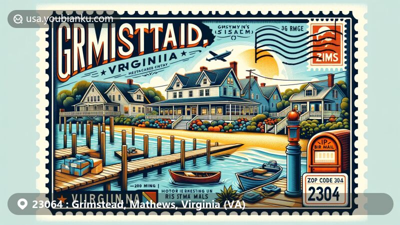 Vintage illustration of Grimstead, Virginia, showcasing Gwynn's Island and maritime heritage, with a summer cottage vibe, Virginia's symbols, and postal elements.